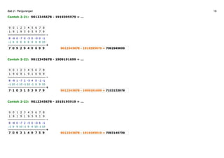 Bab 2 - Pengurangan 18
Contoh 2-21: 9012345678 - 1919395979 = …
Contoh 2-22: 9012345678 - 1909191699 = …
Contoh 2-23: 9012345678 - 1919195919 = …
 