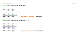 Bab 2 - Pengurangan 20
Contoh 2-27: 9012345678 - 71145881 = …
Contoh 2-28: 9012345678 - 1092345999 = …
 