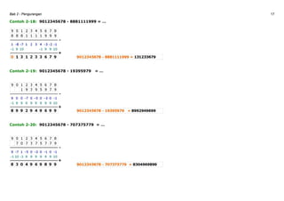 Bab 2 - Pengurangan 17
Contoh 2-18: 9012345678 - 8881111999 = …
Contoh 2-19: 9012345678 - 19395979 = …
Contoh 2-20: 9012345678 - 707375779 = …
 