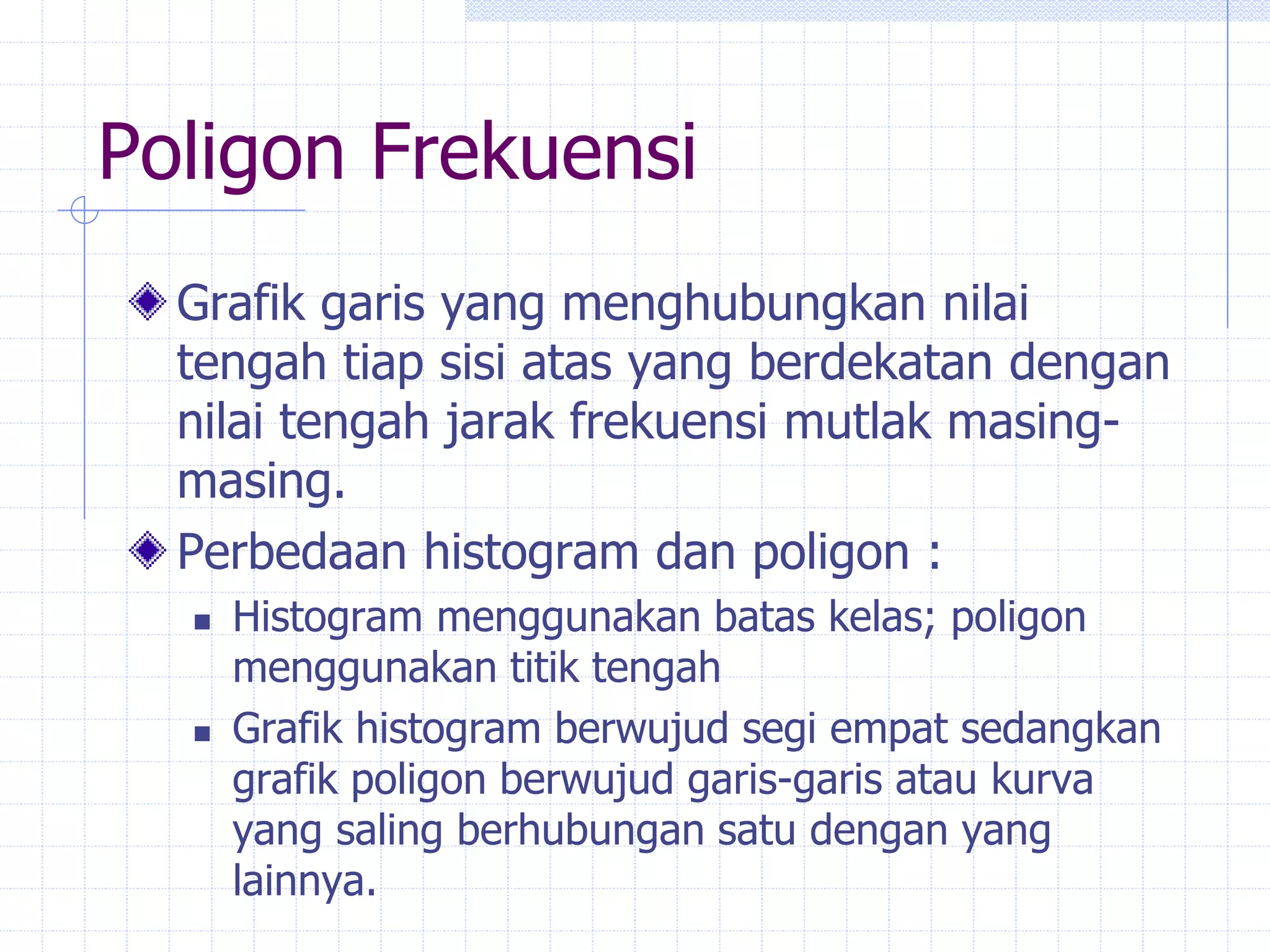 Poligon Frekuensi
Grafik garis yang menghubungkan nilai
tengah tiap sisi atas yang berdekatan dengan
nilai tengah jarak frekuensi mutlak masing-
masing.
Perbedaan histogram dan poligon :
 Histogram menggunakan batas kelas; poligon
menggunakan titik tengah
 Grafik histogram berwujud segi empat sedangkan
grafik poligon berwujud garis-garis atau kurva
yang saling berhubungan satu dengan yang
lainnya.
 