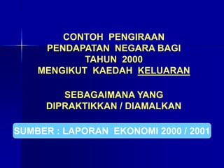 CONTOH PENGIRAAN
PENDAPATAN NEGARA BAGI
TAHUN 2000
MENGIKUT KAEDAH KELUARAN
SEBAGAIMANA YANG
DIPRAKTIKKAN / DIAMALKAN
SUMBER : LAPORAN EKONOMI 2000 / 2001
 