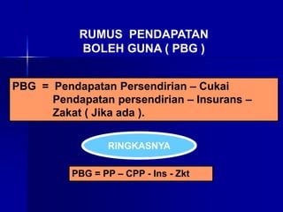 RUMUS PENDAPATAN
BOLEH GUNA ( PBG )
PBG = Pendapatan Persendirian – Cukai
Pendapatan persendirian – Insurans –
Zakat ( Jika ada ).
PBG = PP – CPP - Ins - Zkt
RINGKASNYA
 