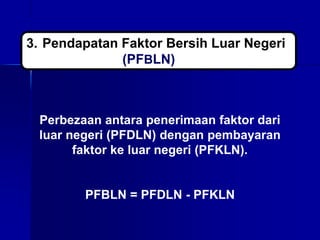 Perbezaan antara penerimaan faktor dari
luar negeri (PFDLN) dengan pembayaran
faktor ke luar negeri (PFKLN).
PFBLN = PFDLN - PFKLN
3. Pendapatan Faktor Bersih Luar Negeri
(PFBLN)
 