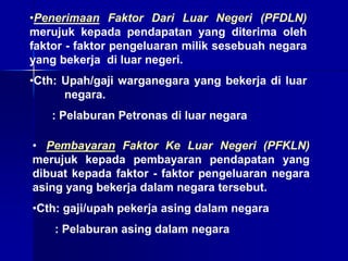 •Penerimaan Faktor Dari Luar Negeri (PFDLN)
merujuk kepada pendapatan yang diterima oleh
faktor - faktor pengeluaran milik sesebuah negara
yang bekerja di luar negeri.
•Cth: Upah/gaji warganegara yang bekerja di luar
negara.
: Pelaburan Petronas di luar negara
• Pembayaran Faktor Ke Luar Negeri (PFKLN)
merujuk kepada pembayaran pendapatan yang
dibuat kepada faktor - faktor pengeluaran negara
asing yang bekerja dalam negara tersebut.
•Cth: gaji/upah pekerja asing dalam negara
: Pelaburan asing dalam negara
 