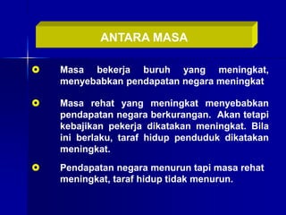 ANTARA MASA
 Masa bekerja buruh yang meningkat,
menyebabkan pendapatan negara meningkat
 Masa rehat yang meningkat menyebabkan
pendapatan negara berkurangan. Akan tetapi
kebajikan pekerja dikatakan meningkat. Bila
ini berlaku, taraf hidup penduduk dikatakan
meningkat.
 Pendapatan negara menurun tapi masa rehat
meningkat, taraf hidup tidak menurun.
 