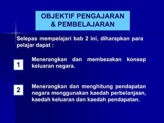 OBJEKTIF PENGAJARAN
& PEMBELAJARAN
1
2
Selepas mempelajari bab 2 ini, diharapkan para
pelajar dapat :
Menerangkan dan membezakan konsep
keluaran negara.
Menerangkan dan menghitung pendapatan
negara menggunakan kaedah perbelanjaan,
kaedah keluaran dan kaedah pendapatan.
 