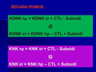 KDNK hp = KDNK kf + CTL - Subsidi
@
KDNK kf = KDNK hp – CTL + Subsidi
SECARA RUMUS :
KNK hp = KNK kf + CTL - Subsidi
@
KNK kf = KNK hp – CTL + Subsidi
 