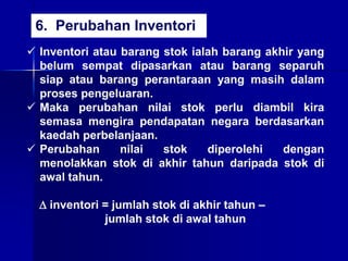  Inventori atau barang stok ialah barang akhir yang
belum sempat dipasarkan atau barang separuh
siap atau barang perantaraan yang masih dalam
proses pengeluaran.
 Maka perubahan nilai stok perlu diambil kira
semasa mengira pendapatan negara berdasarkan
kaedah perbelanjaan.
 Perubahan nilai stok diperolehi dengan
menolakkan stok di akhir tahun daripada stok di
awal tahun.
 inventori = jumlah stok di akhir tahun –
jumlah stok di awal tahun
6. Perubahan Inventori
 