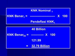 KNK Nominal 1
KNK Benar1 = ------------------------ X 100
Pendeflasi KNK1
40 Billion
KNK Benar03 = ------------ X 100
121.99
= 32.79 Billion
 
