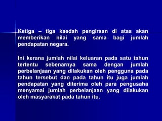Ketiga – tiga kaedah pengiraan di atas akan
memberikan nilai yang sama bagi jumlah
pendapatan negara.
Ini kerana jumlah nilai keluaran pada satu tahun
tertentu sebenarnya sama dengan jumlah
perbelanjaan yang dilakukan oleh pengguna pada
tahun tersebut dan pada tahun itu juga jumlah
pendapatan yang diterima oleh para pengusaha
menyamai jumlah perbelanjaan yang dilakukan
oleh masyarakat pada tahun itu.
 