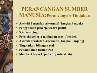 PERANCANGAN SUMBER   MANUSIA: Perancangan Tindakan Aktiviti Penstafan Alternatif (Jangka Pendek) Penggunaan pekerja secara penuh ‘ Outsourcing’ Perolehi pekerja tambahan asas-j/pendek Aktiviti Penstafan Alternatif (Jangka Panjang) Tingkatkan bilangan staf Penambahan kemahiran Memberi tugas kepada organisasi lain 