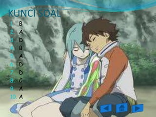 KUNCI SOAL
1. B
2. A
3. D
4. B
5. A
6. D
7. D
8. C
9. A
10. A
 