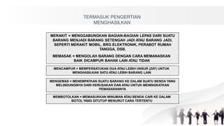 TERMASUK PENGERTIAN
MENGHASILKAN
MERAKIT = MENGGABUNGKAN BAGIAN-BAGIAN LEPAS DARI SUATU
BARANG MENJADI BARANG SETENGAH JADI ATAU BARANG JADI,
SEPERTI MERAKIT MOBIL, BRG ELEKTRONIK, PERABOT RUMAH
TANGGA, DSB.
MEMASAK = MENGOLAH BARANG DENGAN CARA MEMANASKAN
BAIK DICAMPUR BAHAN LAIN ATAU TIDAK
MENCAMPUR = MEMPERSATUKAN DUA ATAU LEBIH UNSUR (ZAT) UNTUK
MENGHASILKAN SATU ATAU LEBIH BARANG LAIN
MENGEMAS = MENEMPATKAN SUATU BARANG KE DALAM SUATU BENDA YANG
MELINDUNGINYA DARI KERUSAKAN DAN ATAU UNTUK MENINGKATKAN
PEMASARANNYA
MEMBOTOLKAN = MEMASUKKAN MINUMAN ATAU BENDA CAIR KE DALAM
BOTOLYANG DITUTUP MENURUT CARA TERTENTU
 