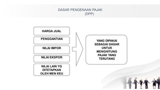 DASAR PENGENAAN PAJAK
(DPP)
HARGA JUAL
PENGGANTIAN
NILAI IMPOR
NILAI EKSPOR
NILAI LAIN YG
DITETAPKAN
OLEH MEN KEU
YANG DIPAKAI
SEBAGAI DASAR
UNTUK
MENGHITUNG
PAJAK YANG
TERUTANG
 