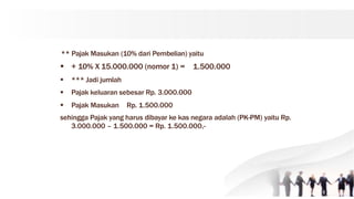 ** Pajak Masukan (10% dari Pembelian) yaitu
1.500.000
 + 10% X 15.000.000 (nomor 1) =
 *** Jadi jumlah
 Pajak keluaran sebesar Rp. 3.000.000
 Pajak Masukan Rp. 1.500.000
sehingga Pajak yang harus dibayar ke kas negara adalah (PK-PM) yaitu Rp.
3.000.000 – 1.500.000 = Rp. 1.500.000,-
 