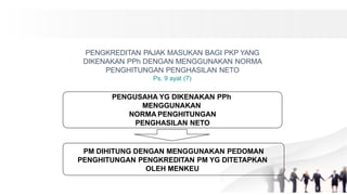 PENGKREDITAN PAJAK MASUKAN BAGI PKP YANG
DIKENAKAN PPh DENGAN MENGGUNAKAN NORMA
PENGHITUNGAN PENGHASILAN NETO
Ps. 9 ayat (7)
PENGUSAHA YG DIKENAKAN PPh
MENGGUNAKAN
NORMA PENGHITUNGAN
PENGHASILAN NETO
PM DIHITUNG DENGAN MENGGUNAKAN PEDOMAN
PENGHITUNGAN PENGKREDITAN PM YG DITETAPKAN
OLEH MENKEU
 
