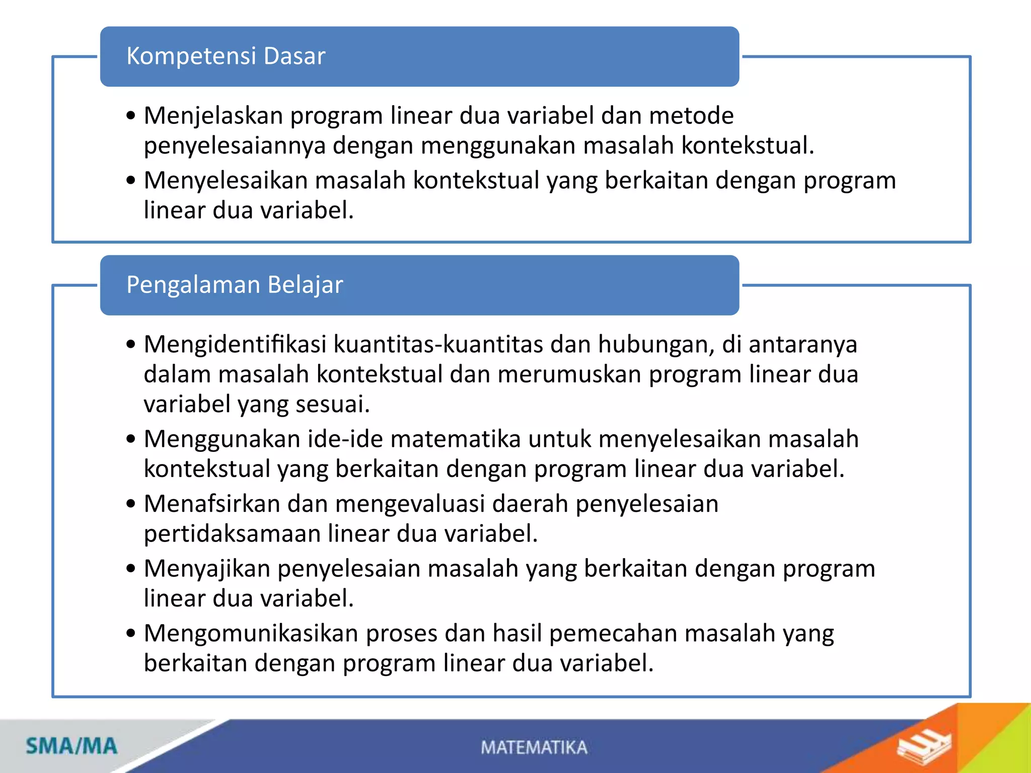 • Menjelaskan program linear dua variabel dan metode
penyelesaiannya dengan menggunakan masalah kontekstual.
• Menyelesaikan masalah kontekstual yang berkaitan dengan program
linear dua variabel.
Kompetensi Dasar
• Mengidentiﬁkasi kuantitas-kuantitas dan hubungan, di antaranya
dalam masalah kontekstual dan merumuskan program linear dua
variabel yang sesuai.
• Menggunakan ide-ide matematika untuk menyelesaikan masalah
kontekstual yang berkaitan dengan program linear dua variabel.
• Menafsirkan dan mengevaluasi daerah penyelesaian
pertidaksamaan linear dua variabel.
• Menyajikan penyelesaian masalah yang berkaitan dengan program
linear dua variabel.
• Mengomunikasikan proses dan hasil pemecahan masalah yang
berkaitan dengan program linear dua variabel.
Pengalaman Belajar
 