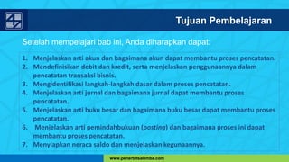 www.penerbitsalemba.com
Tujuan Pembelajaran
Setelah mempelajari bab ini, Anda diharapkan dapat:
1. Menjelaskan arti akun dan bagaimana akun dapat membantu proses pencatatan.
2. Mendefinisikan debit dan kredit, serta menjelaskan penggunaannya dalam
pencatatan transaksi bisnis.
3. Mengidentifikasi langkah-langkah dasar dalam proses pencatatan.
4. Menjelaskan arti jurnal dan bagaimana jurnal dapat membantu proses
pencatatan.
5. Menjelaskan arti buku besar dan bagaimana buku besar dapat membantu proses
pencatatan.
6. Menjelaskan arti pemindahbukuan (posting) dan bagaimana proses ini dapat
membantu proses pencatatan.
7. Menyiapkan neraca saldo dan menjelaskan kegunaannya.
 