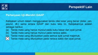 www.penerbitsalemba.com
Pertanyaan Uji-Mandiri GAAP
Kebijakan umum dalam menggunakan tanda nilai tukar yang benar (dolar, yen,
pound, dll.) sama antara GAAP dan buku teks ini. Kebijakannya adalah
sebagai berikut.
(a) Tanda mata uang hanya muncul pada buku besar dan ayat jurnal.
(b) Tanda mata uang hanya muncul pada neraca saldo.
(c) Tanda mata uang ditunjukkan pada semua ayat jurnal majemuk.
(d) Tanda mata uang ditunjukkan pada neraca saldo dan ayat jurnal.
Perspektif Lain
 
