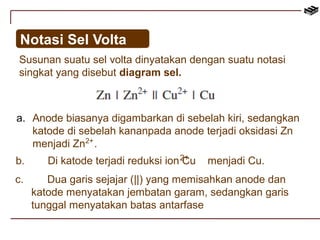 Notasi Sel Volta 
Susunan suatu sel volta dinyatakan dengan suatu notasi 
singkat yang disebut diagram sel. 
a. Anode biasanya digambarkan di sebelah kiri, sedangkan 
katode di sebelah kananpada anode terjadi oksidasi Zn 
menjadi Zn 2 + . 
b. Di katode terjadi reduksi ion 2C+u menjadi Cu. 
c. Dua garis sejajar (||) yang memisahkan anode dan 
katode menyatakan jembatan garam, sedangkan garis 
tunggal menyatakan batas antarfase 
 