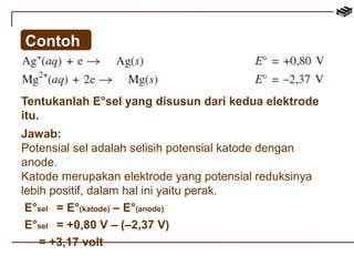 Contoh 
Tentukanlah E°sel yang disusun dari kedua elektrode 
itu. 
Jawab: 
Potensial sel adalah selisih potensial katode dengan 
anode. 
Katode merupakan elektrode yang potensial reduksinya 
lebih positif, dalam hal ini yaitu perak. 
E°sel = E°(katode) – E°(anode) 
E°sel = +0,80 V – (–2,37 V) 
= +3,17 volt 
 