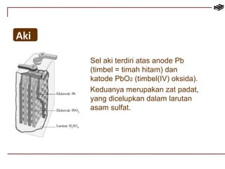 Aki 
Sel aki terdiri atas anode Pb 
(timbel = timah hitam) dan 
katode PbO2 (timbel(IV) oksida). 
Keduanya merupakan zat padat, 
yang dicelupkan dalam larutan 
asam sulfat. 
 