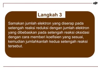 Langkah 3 
Samakan jumlah elektron yang diserap pada 
setengah reaksi reduksi dengan jumlah elektron 
yang dibebaskan pada setengah reaksi oksidasi 
dengan cara memberi koefisien yang sesuai, 
kemudian jumlahkanlah kedua setengah reaksi 
tersebut. 
 