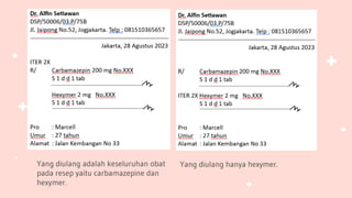Yang diulang adalah keseluruhan obat
pada resep yaitu carbamazepine dan
hexymer.
Yang diulang hanya hexymer.
 