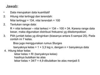 Jawab: Data merupakan data kuantitatif Hitung nilai tertinggi dan terendah:  Nilai tertinggi = 134, nilai terendah = 100  2. Tentukan range data: R = nilai terbesar – nilai terkeci = 134 – 100 = 34. Karena range data besar, maka digunakan distribusi frekuensi yg dikelompokkan 3. Pilih jumlah kelas yg diinginkan (biasanya antara 5 sampai 20). Pada contoh ini 7 kelas.    Bisa juga menggunakan  rumus Sturges banyaknya kelas = 1 + 3,3 log n , dengan n = banyaknya data 4.  Hitung lebar kelas lebar kelas = R/ (banyaknya kelas) hasilnya bulatkan ke atas lebar kelas = 34/7 = 4,9 dibulatkan ke atas menjadi 5 
