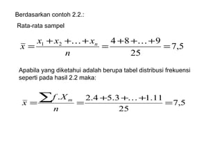 Berdasarkan contoh 2.2.: Rata-rata sampel Apabila yang diketahui adalah berupa tabel distribusi frekuensi seperti pada hasil 2.2 maka: 