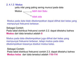 2. 4.1.3  Modus yaitu nilai yang paling sering muncul pada data Modus    lebih dari Satu   tidak ada Modus pada data tidak dikelompokkan dapat dilihat dari kelas yang mempunyai frekuensi terbesar. Sebagai Contoh: Pada tabel distribusi frekuensi contoh 2.2. dapat diketahui bahwa  Modus  dari data tersebut adalah  8 Modus pada data dikelompokkan juga dilihat dari kelas yang mempunyai frekuensi terbesar, tetapi modus pada data dikelompokkan biasanya disebut modus kelas. Sebagai Contoh: Pada tabel distribusi frekuensi contoh 2.3. dapat diketahui bahwa  Modus kelas  dari data tersebut adalah  110-114 