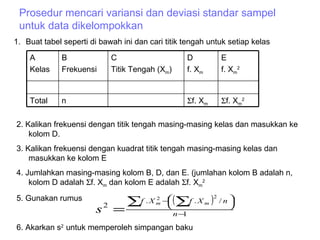 Prosedur mencari variansi dan deviasi standar sampel untuk data dikelompokkan Buat tabel seperti di bawah ini dan cari titik tengah untuk setiap kelas 2. Kalikan frekuensi dengan titik tengah masing-masing kelas dan masukkan ke kolom D. 3. Kalikan frekuensi dengan kuadrat titik tengah masing-masing kelas dan masukkan ke kolom E 4. Jumlahkan masing-masing kolom B, D, dan E. (jumlahan kolom B adalah n, kolom D adalah   f. X m  dan kolom E adalah   f. X m 2   5. Gunakan rumus  6. Akarkan s 2  untuk memperoleh simpangan baku  f. X m 2  f. X m n Total E f. X m 2 D f. X m C Titik Tengah (X m ) B Frekuensi A Kelas 