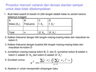 Prosedur mencari variansi dan deviasi standar sampel untuk data tidak dikelompokkan Buat tabel seperti di bawah ini (titik tengah adalah kelas itu sendiri karena kelasnya tunggal) 2. Kalikan frekuensi dengan titik tengah masing-masing kelas dan masukkan ke kolom C. 3. Kalikan frekuensi dengan kuadrat titik tengah masing-masing kelas dan masukkan ke kolom D 4. Jumlahkan masing-masing kolom B, C, dan D. (jumlahan kolom B adalah n, kolom C adalah   f.  X m  dan kolom D adalah   f. X m 2   5. Gunakan rumus  6. Akarkan s 2  untuk memperoleh simpangan baku  f. X m 2  f. X m   n Total D f. X m 2 C f. X m B Frekuensi A Kelas (X m ) 