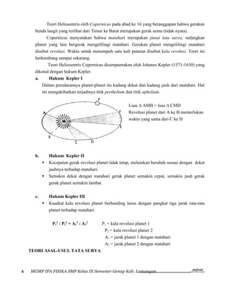 Teori Heliosentris oleh Copernicus pada abad ke 16 yang beranggapan bahwa gerakan
      benda langit yang terlihat dari Timur ke Barat merupakan gerak semu (tidak nyata).
             Copernicus menyatakan bahwa matahari merupakan pusat tata surya, sedangkan
      planet yang lain bergerak mengelilingi matahari. Gerakan planet mengelilingi matahari
      disebut revolusi. Waktu untuk menempuh satu kali putaran disebut kala revolusi. Teori ini
      berkembang sampai sekarang.
              Teori Heliosentris Copernicus disempurnakan oleh Johanes Kepler (1571-1630) yang
      dikenal dengan hukum Kepler.
      a.      Hukum Kepler I
          Dalam peredarannya planet-planet itu kadang dekat dan kadang jauh dari matahari. Hal
          ini mengakibatkan terjadinya titik perihelium dan titik aphelium.

                                                         Luas ∆ AMB = luas ∆ CMD
                                                         Revolusi planet dari A ke B memerlukan
                                                         waktu yang sama dari C ke D




      b.       Hukum Kepler II
              Kecepatan gerak revolusi planet tidak tetap, melainkan berubah sesuai dengan dekat
               jauhnya terhadap matahari.
              Semakin dekat dengan matahari gerak planet semakin cepat, semakin jauh gerak
               gerak planet semakin lambat.

      c.       Hukum Kepler III
              Kuadrat kala revolusi planet berbanding lurus dengan pangkat tiga jarak rata-rata
               planet terhadap matahari.

                P12 : P22 = A13 : A23     P1 = kala revolusi planet 1
                                           P2 = kala revolusi planet 2
                                           A1 = jarak planet 1 dengan matahari
                                           A2 = jarak planet 2 dengan matahari
    TEORI ASAL-USUL TATA SURYA



6   MGMP IPA FISIKA SMP Kelas IX Semester Genap Kab. Lamongan
 