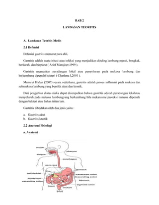 BAB 2

                                   LANDASAN TEORITIS



   A. Landasan Teoritis Medis

   2.1 Defenisi

   Defenisi gastritis menurut para ahli,

   Gastritis adalah suatu iritasi atau infeksi yang menjadikan dinding lambung merah, bengkak,
berdarah, dan berparut ( Arief Mansjoer,1999 ).

   Gastritis merupakan peradangan lokal atau penyebaran pada mukosa lambung dan
berkembang dipenuhi bakteri ( Charlene J,2001 ).

   Menurut Hirlan (2007) secara sederhana, gastritis adalah proses inflamasi pada mukosa dan
submukosa lambung yang bersifat akut dan kronik.

   Dari pengertian diatas maka dapat disimpulkan bahwa gastritis adalah peradangan lokalatau
menyeluruh pada mukosa lambungyang berkembang bila mekanisme proteksi mukosa dipenuhi
dengan bakteri atau bahan iritan lain.

   Gastritis dibedakan oleh dua jenis yaitu :

   a. Gastritis akut
   b. Gastritis kronik

   2.2 Anatomi Fisiologi

   a. Anatomi
 