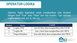 OPERATOR LOGIKA
Operator logika digunakan untuk menghasilkan nilai Boolean
dengan hasil “True” atau “False” dari dua kondisi. Tipe operator
Logika adalah and, not, or, dan xor.
 
