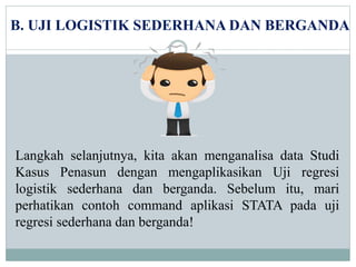 1. Aplikasi STATA pada Uji Regresi Logistik Sederhana
Pertanyaan detektif STATA 2: Apakah ada hubungan antara
karaktersiti...