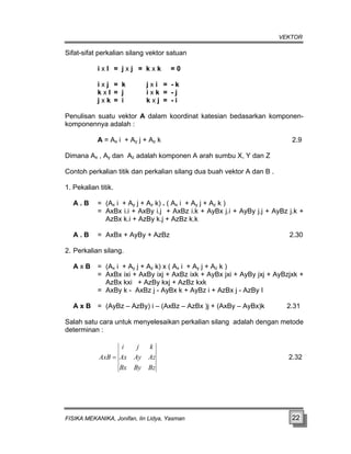 VEKTOR
Sifat-sifat perkalian silang vektor satuan
i x I = j x j = k x k = 0
i x j = k j x i = - k
k x I = j i x k = - j
j x k = i k x j = - i
Penulisan suatu vektor A dalam koordinat katesian bedasarkan komponen-
komponennya adalah :
A = Ax i + Ay j + Az k 2.9
Dimana Ax , Ay dan Az adalah komponen A arah sumbu X, Y dan Z
Contoh perkalian titik dan perkalian silang dua buah vektor A dan B .
1. Pekalian titik.
A . B = (Ax i + Ay j + Az k) . ( Ax i + Ay j + Az k )
= AxBx i.i + AxBy i.j + AxBz i.k + AyBx j.i + AyBy j.j + AyBz j.k +
AzBx k.i + AzBy k.j + AzBz k.k
A . B = AxBx + AyBy + AzBz 2.30
2. Perkalian silang.
A x B = (Ax i + Ay j + Az k) x ( Ax i + Ay j + Az k )
= AxBx ixi + AxBy ixj + AxBz ixk + AyBx jxi + AyBy jxj + AyBzjxk +
AzBx kxi + AzBy kxj + AzBz kxk
= AxBy k - AxBz j - AyBx k + AyBz i + AzBx j - AzBy I
A x B = (AyBz – AzBy) i – (AxBz – AzBx )j + (AxBy – AyBx)k 2.31
Salah satu cara untuk menyelesaikan perkalian silang adalah dengan metode
determinan :
Bz
By
Bx
Az
Ay
Ax
k
j
i
AxB = 2.32
FISIKA MEKANIKA, Jonifan, Iin Lidya, Yasman 22
 
