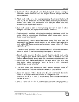 VEKTOR
8. Dua buah vektor saling tegak lurus. Resultannya 20 satuan, sedangkan
salah satu vektor membuat sudut 300
dengan resultan. Berapa besar dar
vektor-vektor ini!
9. Ada 3 buah vektor a, b, dan c yang sebidang. Besar vektor itu berturut-
turut 10, 15 dan 20 satuan. Jika resultan dari dua vektor yang mana saja
adalah sama besar dan berlawanan arah dengan vektor yang lain,
tentukan sudut antara vektor a dan c!
10.Dua buah vektor a dan b masing-masing sebesar 10 dan 5 satuan
mengapit sudut 300
. Hitung besar selisih kedua vektor itu !
11.Dua buah vektor sebidang saling mengapit sudut θ. Jika besar jumlah dari
kedua vektor itu sama dengan 4 kali besar selisih kedua vektor, hitung θ
(besar kedua vektor sama)!
12.Diketahui jumlah 2 vektor empat kali besar vektor yang lebih kecii dan
sudut yang dibentuk oleh vektor resultan itu dan dengan vektor yang lebih
kecil adalah 300
bagaimanakah perbandingan kedua vektor ini? Hitung
juga sudut apitnya !
13.Dua vektor yang besarnya sama membentuk sudut θ. Resultan dari kedua
vektor itu adalah √3 dari besar masing-masing vektor. Hitung θ !
14.Sebuah vektor besarnya 6 satuan hendak diurai menjadi 2 buah vektor
yang saling menyiku. Salah satu komponen vektor itu membuat sudut 600
dengan vektor tersebut. Hitung besar dari komponen-komponen vektor ini!
15.Jumlah dua buah vektor besarnya dua kali besar vektor yang lebih kecii.
Jika kedua vektor membentuk sudut α (tanα = 4/3), berapakah
perbandingan kedua vektor itu?
16.Dua buah vektor yang besarnya 6 dan 5 satuan mengapit sudut 300
.
Hitung sudut antara resultan vektor dengan vektor yang pertama !
17. Besar dari resultan vektor a dan b sama dengan besar selisih dari kedua
vektor itu. Buktikan bahwa kedua vektor itu saling tegak lurus.
(petunjuk : gunakan (a + b) . (a + b) = (a - b) . (a - b), untuk membuktikan
bahwa : a . b = 0.) !
18.Jika : a + b = c dan a2
+ b2
= c2
, buktikan bahwa a dan b saling tegak lurus!
FISIKA MEKANIKA, Jonifan, Iin Lidya, Yasman 30
 