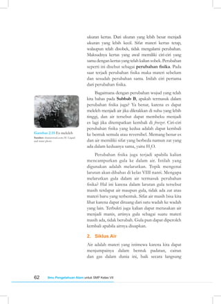 62 Ilmu Pengetahuan Alam untuk SMP Kelas VII
Gambar 2.15 Es meleleh
Sumber: shutterstock.com/IU Liquid
and water photo
ukuran kertas. Dari ukuran yang lebih besar menjadi
ukuran yang lebih kecil. Sifat materi kertas tetap,
walaupun telah disobek, tidak mengalami perubahan.
Maksudnya kertas yang awal memiliki ciri-ciri yang
samadengankertasyangtelahkaliansobek.Perubahan
seperti ini disebut sebagai perubahan fisika. Pada
saat terjadi perubahan fisika maka materi sebelum
dan sesudah perubahan sama. Inilah ciri pertama
dari perubahan fisika.
Bagaimana dengan perubahan wujud yang telah
kita bahas pada Subbab B, apakah termasuk dalam
perubahan fisika juga? Ya benar, karena es dapat
meleleh menjadi air jika diletakkan di suhu yang lebih
tinggi, dan air tersebut dapat membeku menjadi
es lagi jika ditempatkan kembali di freezer. Ciri-ciri
perubahan fisika yang kedua adalah dapat kembali
ke bentuk semula atau reversibel. Memang benar es
dan air memiliki sifat yang berbeda namun zat yang
ada dalam keduanya sama, yaitu H2
O.
Perubahan fisika juga terjadi apabila kalian
mencampurkan gula ke dalam air. Istilah yang
digunakan adalah melarutkan. Topik mengenai
larutan akan dibahas di kelas VIII nanti. Mengapa
melarutkan gula dalam air termasuk perubahan
fisika? Hal ini karena dalam larutan gula tersebut
masih terdapat air maupun gula, tidak ada zat atau
materi baru yang terbentuk. Sifat air masih bisa kita
lihat karena dapat dituang dari satu wadah ke wadah
yang lain. Terbukti juga kalian dapat merasakan air
menjadi manis, artinya gula sebagai suatu materi
masih ada, tidak berubah. Gula pun dapat diperoleh
kembali apabila airnya diuapkan.
2. Siklus Air
Air adalah materi yang istimewa karena kita dapat
menjumpainya dalam bentuk padatan, cairan
dan gas dalam dunia ini, baik secara langsung
 