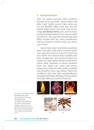 64 Ilmu Pengetahuan Alam untuk SMP Kelas VII
3. Perubahan Kimia
Pada saat kegiatan apersepsi, kalian membakar
potongan kertas yang kedua. Apa perubahan yang
kalian amati? Apakah menurut kalian serbuk atau
abu yang dihasilkan adalah materi yang sama atau
berbeda dengan kertas? Nah inilah yang disebut
sebagai perubahan kimia, yaitu materi sebelum
perubahan berbeda dengan materi yang ada setelah
perubahan itu. Abu yang telah terbentuk tidak dapat
dibuat menjadi kertas lagi, artinya perubahannya
tidak bisa kembali ke bentuk semula atau disebut
juga ireversibel.
Apakah kalian dapat menyebutkan perubahan
kimia yang selalu terjadi dalam keseharian kalian?
Nasi yang kalian konsumsi setiap hari berasal dari
beras. Ketika beras dimasak maka terjadilah reaksi
kimia sehingga beras akan berubah menjadi nasi.
Apakah nasi dapat diubah kembali menjadi beras?
Karena itulah perubahan ini disebut perubahan
kimia. Nasi adalah suatu materi yang berbeda
dengan beras. Setiap kali kalian melihat perubahan
yang melibatkan materi yang berbeda sebelum dan
sesudahnya, maka kalian dapat mengidentifikasinya
menjadiperubahankimia.Beberapacontohperubahan
kimia dapat dilihat pada gambar di bawah ini.
Gambar 2.17 Contoh-contoh
perubahan kimia yaitu,
(a) menyalakan korek api,
(b) kembang api,
(c) ledakan, (d) membuat
kue, dan (e)besi berkarat.
Sumber: portlandlivingonthecheap.
com/Victoria (2020); pixabay.com/Foto
Rabe (2015); shutterstock.com/Ruzanna
(2017); pixabay.com/AlexAntropov86
(2017); unsplash.com/Jordane Mathieu
(2018)
(a) (b) (c)
(d) (e)
 