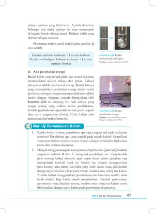 67
Bab 2 Zat dan Perubahannya
adanya padatan yang tidah larut. Apabila dibiarkan
beberapa saat maka padatan itu akan menumpuk
di bagian bawah tabung reaksi. Padatan inilah yang
disebut sebagai endapan.
Persamaan reaksi untuk reaksi pada gambar di
atas adalah:
Larutan natrium karbonat + Larutan kalsium
klorida → Endapan kalsium karbonat + Larutan
natrium klorida
d. Ada perubahan energi
Reaksi kimia yang terjadi pada saat terjadi ledakan,
menunjukkan adanya cahaya dan panas. Cahaya
dan panas adalah dua bentuk energi. Reaksi lainnya
yang menunjukkan perubahan energi adalah reaksi
pembakaran logam magnesium (pembakaran adalah
reaksi dengan oksigen), seperti ditunjukkan oleh
Gambar 2.21 di samping ini. Ada cahaya yang
sangat terang yang terlihat ketika pembakaran.
Setelah pembakaran diperoleh serbuk putih seperti
abu, yaitu magnesium oksida. Coba kalian tulis
persamaan dari reaksi kimia ini.
1. Ketika kalian makan, perubahan apa saja yang terjadi pada makanan
tersebut? Perubahan apa yang terjadi pada tubuh kalian? Identifikasi
semua perubahan selama proses makan sebagai perubahan fisika atau
kimia dan berikan alasannya.
2. Denganmenggunakanpetakonsepataujaringlaba-laba(spider-web),buatkan
ringkasan subbab B dan C mengenai perubahan zat. Upayakanlah
peta konsep kalian menarik agar dapat terus kalian gunakan saat
mempelajari kembali topik ini. Setelah itu, dengan menggunakan
peta konsep atau jaring laba-laba yang telah kalian buat, jelaskanlah
mengenai perubahan zat kepada teman, saudara atau orang tua kalian.
Apabila kalian menggunakan pemahaman dan kata-kata sendiri, akan
lebih mudah bagi kalian untuk menjelaskan. Catatlah pertanyaan-
pertanyaan yang diajukan teman, saudara atau orang tua kalian untuk
didiskusikan dengan guru kalian pada pertemuan selanjutnya.
Gambar 2.20 Reaksi
terbentuknya endapan.
Sumber: socratic.org/Stefan V. (2015)
Gambar 2.21 Reaksi
perubahan energi.
Sumber: Univ of Wisconsin Press/
Bassam Z. Shakhashiri (1983)
Mari Uji Kemampuan Kalian
 