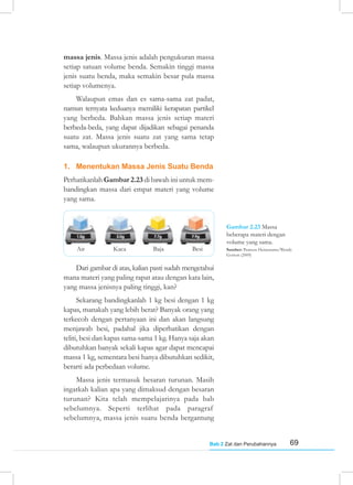 69
Bab 2 Zat dan Perubahannya
massa jenis. Massa jenis adalah pengukuran massa
setiap satuan volume benda. Semakin tinggi massa
jenis suatu benda, maka semakin besar pula massa
setiap volumenya.
Walaupun emas dan es sama-sama zat padat,
namun ternyata keduanya memiliki kerapatan partikel
yang berbeda. Bahkan massa jenis setiap materi
berbeda-beda, yang dapat dijadikan sebagai penanda
suatu zat. Massa jenis suatu zat yang sama tetap
sama, walaupun ukurannya berbeda.
1. Menentukan Massa Jenis Suatu Benda
Perhatikanlah Gambar 2.23 di bawah ini untuk mem­
bandingkan massa dari empat materi yang volume
yang sama.
Dari gambar di atas, kalian pasti sudah mengetahui
mana materi yang paling rapat atau dengan kata lain,
yang massa jenisnya paling tinggi, kan?
Sekarang bandingkanlah 1 kg besi dengan 1 kg
kapas, manakah yang lebih berat? Banyak orang yang
terkecoh dengan pertanyaan ini dan akan langsung
menjawab besi, padahal jika diperhatikan dengan
teliti, besi dan kapas sama-sama 1 kg. Hanya saja akan
dibutuhkan banyak sekali kapas agar dapat mencapai
massa 1 kg, sementara besi hanya dibutuhkan sedikit,
berarti ada perbedaan volume.
Massa jenis termasuk besaran turunan. Masih
ingatkah kalian apa yang dimaksud dengan besaran
turunan? Kita telah mempelajarinya pada bab
sebelumnya. Seperti terlihat pada paragraf
sebelumnya, massa jenis suatu benda bergantung
Gambar 2.23 Massa
beberapa materi dengan
volume yang sama.
Sumber: Pearson Heinemann/Wendy
Gorton (2009)
Air Kaca Baja Besi
 