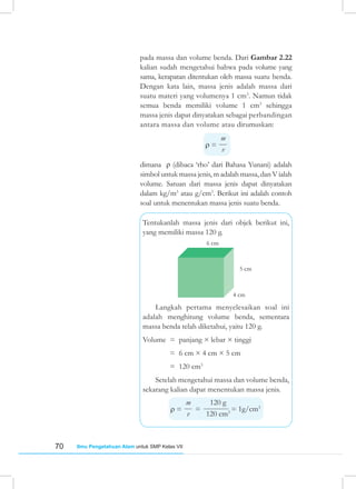 70 Ilmu Pengetahuan Alam untuk SMP Kelas VII
pada massa dan volume benda. Dari Gambar 2.22
kalian sudah mengetahui bahwa pada volume yang
sama, kerapatan ditentukan oleh massa suatu benda.
Dengan kata lain, massa jenis adalah massa dari
suatu materi yang volumenya 1 cm3
. Namun tidak
semua benda memiliki volume 1 cm3
sehingga
massa jenis dapat dinyatakan sebagai perbandingan
antara massa dan volume atau dirumuskan:
m
v
ρ =
dimana ρ (dibaca ‘rho’ dari Bahasa Yunani) adalah
simbol untuk massa jenis, m adalah massa, dan V ialah
volume. Satuan dari massa jenis dapat dinyatakan
dalam kg/m3
atau g/cm3
. Berikut ini adalah contoh
soal untuk menentukan massa jenis suatu benda.
Tentukanlah massa jenis dari objek berikut ini,
yang memiliki massa 120 g.
Langkah pertama menyelesaikan soal ini
adalah menghitung volume benda, sementara
massa benda telah diketahui, yaitu 120 g.
Volume = panjang × lebar × tinggi
		 = 6 cm × 4 cm × 5 cm
		 = 120 cm3
Setelah mengetahui massa dan volume benda,
sekarang kalian dapat menentukan massa jenis.
m
v
120 g
120 cm3
ρ = = = 1g/cm3
6 cm
5 cm
4 cm
 
