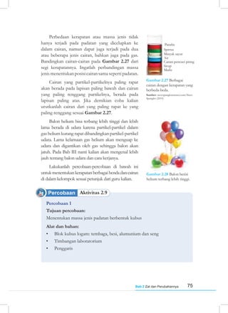 75
Bab 2 Zat dan Perubahannya
Percobaan Aktivitas 2.9
Perbedaan kerapatan atau massa jenis tidak
hanya terjadi pada padatan yang dicelupkan ke
dalam cairan, namun dapat juga terjadi pada dua
atau beberapa jenis cairan, bahkan juga pada gas.
Bandingkan cairan-cairan pada Gambar 2.27 dari
segi kerapatannya. Ingatlah perbandingan massa
jenis menentukan posisi cairan sama seperti padatan.
Cairan yang partikel-partikelnya paling rapat
akan berada pada lapisan paling bawah dan cairan
yang paling renggang partikelnya, berada pada
lapisan paling atas. Jika demikian coba kalian
urutkanlah cairan dari yang paling rapat ke yang
paling renggang sesuai Gambar 2.27.
Balon helium bisa terbang lebih tinggi dan lebih
lama berada di udara karena partikel-partikel dalam
gas helium kurang rapat dibandingkan partikel-partikel
udara. Lama kelamaan gas helium akan menguap ke
udara dan digantikan oleh gas sehingga balon akan
jatuh. Pada Bab III nanti kalian akan mengenal lebih
jauh tentang balon udara dan cara kerjanya.
Lakukanlah percobaan-percobaan di bawah ini
untukmenentukankerapatanberbagaibendadancairan
di dalam kelompok sesuai petunjuk dari guru kalian.
Gambar 2.28 Balon berisi
helium terbang lebih tinggi.
Percobaan 1
Tujuan percobaan:
Menentukan massa jenis padatan berbentuk kubus
Alat dan bahan:
• Blok kubus logam: tembaga, besi, alumunium dan seng
• Timbangan laboratorium
• Penggaris
Parafin
Spirtus
Minyak sayur
Air
Cairan pencuci piring
Sirup
Madu
Gambar 2.27 Berbagai
cairan dengan kerapatan yang
berbeda-beda.
Sumber: stevespanglerscience.com/Stave
Spangler (2010)
 