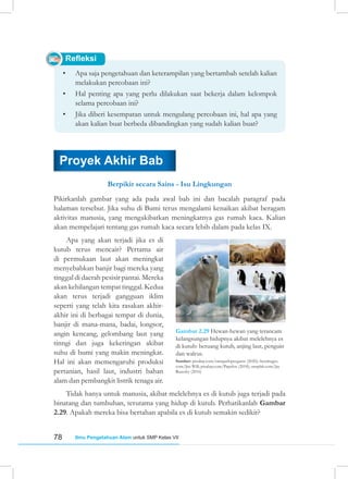 78 Ilmu Pengetahuan Alam untuk SMP Kelas VII
Refleksi
Berpikir secara Sains - Isu Lingkungan
Pikirkanlah gambar yang ada pada awal bab ini dan bacalah paragraf pada
halaman tersebut. Jika suhu di Bumi terus mengalami kenaikan akibat beragam
aktivitas manusia, yang mengakibatkan meningkatnya gas rumah kaca. Kalian
akan mempelajari tentang gas rumah kaca secara lebih dalam pada kelas IX.
Apa yang akan terjadi jika es di
kutub terus mencair? Pertama air
di permukaan laut akan meningkat
menyebabkan banjir bagi mereka yang
tinggal di daerah pesisir pantai. Mereka
akan kehilangan tempat tinggal. Kedua
akan terus terjadi gangguan iklim
seperti yang telah kita rasakan akhir-
akhir ini di berbagai tempat di dunia,
banjir di mana-mana, badai, longsor,
angin kencang, gelombang laut yang
tinngi dan juga kekeringan akibat
suhu di bumi yang makin meningkat.
Hal ini akan memengaruhi produksi
pertanian, hasil laut, industri bahan
alam dan pembangkit listrik tenaga air.
Tidak hanya untuk manusia, akibat melelehnya es di kutub juga terjadi pada
binatang dan tumbuhan, terutama yang hidup di kutub. Perhatikanlah Gambar
2.29. Apakah mereka bisa bertahan apabila es di kutub semakin sedikit?
Gambar 2.29 Hewan-hewan yang terancam
kelangsungan hidupnya akibat melelehnya es
di kutub: beruang kutub, anjing laut, penguin
dan walrus.
Sumber: pixabay.com/enriquelopezgarre (2020); freeimages.
com/Jan Will; pixabay.com/Papafox (2018); unsplah.com/Jay
Ruzesky (2016)
• Apa saja pengetahuan dan keterampilan yang bertambah setelah kalian
melakukan percobaan ini?
• Hal penting apa yang perlu dilakukan saat bekerja dalam kelompok
selama percobaan ini?
• Jika diberi kesempatan untuk mengulang percobaan ini, hal apa yang
akan kalian buat berbeda dibandingkan yang sudah kalian buat?
Proyek Akhir Bab
 