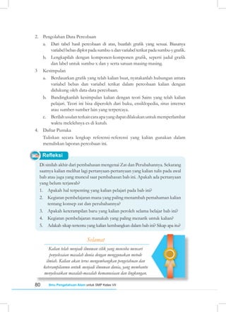 80 Ilmu Pengetahuan Alam untuk SMP Kelas VII
Refleksi
2. Pengolahan Data Percobaan
a. Dari tabel hasil percobaan di atas, buatlah grafik yang sesuai. Biasanya
variabel bebas diplot pada sumbu-x dan variabel terikat pada sumbu-y grafik.
b. Lengkapilah dengan komponen-komponen grafik, seperti judul grafik
dan label untuk sumbu-x dan y serta satuan masing-masing.
3 Kesimpulan
a. Berdasarkan grafik yang telah kalian buat, nyatakanlah hubungan antara
variabel bebas dan variabel terikat dalam percobaan kalian dengan
didukung oleh data-data percobaan.
b. Bandingkanlah kesimpulan kalian dengan teori Sains yang telah kalian
pelajari. Teori ini bisa diperoleh dari buku, ensiklopedia, situs internet
atau sumber-sumber lain yang terpercaya.
c. Berilah usulan terkait cara apa yang dapat dilakukan untuk memperlambat
waktu melelehnya es di kutub.
4. Daftar Pustaka
Tuliskan secara lengkap referensi-referensi yang kalian gunakan dalam
menuliskan laporan percobaan ini.
Di sinilah akhir dari pembahasan mengenai Zat dan Perubahannya. Sekarang
saatnya kalian melihat lagi pertanyaan-pertanyaan yang kalian tulis pada awal
bab atau juga yang muncul saat pembahasan bab ini. Apakah ada pertanyaan
yang belum terjawab?
1. Apakah hal terpenting yang kalian pelajari pada bab ini?
2. Kegiatan pembelajaran mana yang paling menambah pemahaman kalian
tentang konsep zat dan perubahannya?
3. Apakah keterampilan baru yang kalian peroleh selama belajar bab ini?
4. Kegiatan pembelajaran manakah yang paling menarik untuk kalian?
5. Adakah sikap tertentu yang kalian kembangkan dalam bab ini? Sikap apa itu?
Selamat
Kalian telah menjadi ilmuwan cilik yang mencoba mencari
penyelesaian masalah dunia dengan menggunakan metode
ilmiah. Kalian akan terus mengembangkan pengetahuan dan
keterampilanmu untuk menjadi ilmuwan dunia, yang membantu
menyelesaikan masalah-masalah kemanusiaan dan lingkungan.
 