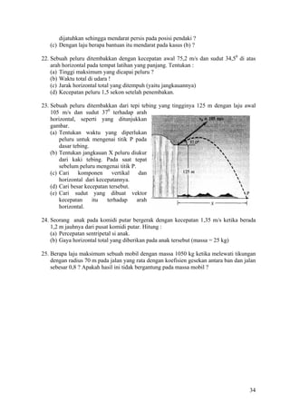 dijatuhkan sehingga mendarat persis pada posisi pendaki ?
   (c) Dengan laju berapa bantuan itu mendarat pada kasus (b) ?

22. Sebuah peluru ditembakkan dengan kecepatan awal 75,2 m/s dan sudut 34,50 di atas
    arah horizontal pada tempat latihan yang panjang. Tentukan :
    (a) Tinggi maksimum yang dicapai peluru ?
    (b) Waktu total di udara !
    (c) Jarak horizontal total yang ditempuh (yaitu jangkauannya)
    (d) Kecepatan peluru 1,5 sekon setelah penembakan.

23. Sebuah peluru ditembakkan dari tepi tebing yang tingginya 125 m dengan laju awal
    105 m/s dan sudut 370 terhadap arah
    horizontal, seperti yang ditunjukkan
    gambar.
    (a) Tentukan waktu yang diperlukan
        peluru untuk mengenai titik P pada
        dasar tebing.
    (b) Tentukan jangkauan X peluru diukur
        dari kaki tebing. Pada saat tepat
        sebelum peluru mengenai titik P.
    (c) Cari    komponen      vertikal    dan
        horizontal dari kecepatannya.
    (d) Cari besar kecepatan tersebut.
    (e) Cari sudut yang dibuat vektor
        kecepatan     itu   terhadap     arah
        horizontal.

24. Seorang anak pada komidi putar bergerak dengan kecepatan 1,35 m/s ketika berada
    1,2 m jauhnya dari pusat komidi putar. Hitung :
    (a) Percepatan sentripetal si anak.
    (b) Gaya horizontal total yang diberikan pada anak tersebut (massa = 25 kg)

25. Berapa laju maksimum sebuah mobil dengan massa 1050 kg ketika melewati tikungan
    dengan radius 70 m pada jalan yang rata dengan koefisien gesekan antara ban dan jalan
    sebesar 0,8 ? Apakah hasil ini tidak bergantung pada massa mobil ?




                                                                                      34
 