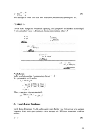 ∆v dv
a = lim      =                                                                       (4)
    ∆t →0 ∆t   dt
Arah percepatan sesaat ialah arah limit dari vektor perubahan kecepatan yaitu ∆v .


CONTOH 3 :

Sebuah mobil mengalami percepatan sepanjang jalan yang lurus dari keadaan diam sampai
75 km/jam dalam waktu 5s. Berapakah besar percepatan rata-ratanya ?




Pembahasan :
Mobil tersebut mulai dari keadaan diam, berarti v1 =0.
Kecepatan akhir mobil adalah
        v 2 = 75km / jam
               km  1000m  1 jam 
         =  75
            jam  1km  3600s 
                     
                                   
         = 21m / s
Maka percepatan rata-ratanya adalah :
          21m / s − 0m / s
      a=                   = 4,2m / s 2
                5s


3.4 Gerak Lurus Beraturan

Gerak Lurus Beraturan (GLB) adalah gerak suatu benda yang lintasannya lurus dengan
kecepatan tetap, maka percepatannya sama dengan nol. Sehingga persamaan geraknya
adalah :

x = vt                                                                               (5)




                                                                                       18
 