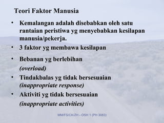 Teori Faktor Manusia
• Kemalangan adalah disebabkan oleh satu
  rantaian peristiwa yg menyebabkan kesilapan
  manusia/pekerja.
• 3 faktor yg membawa kesilapan
• Bebanan yg berlebihan
  (overload)
• Tindakbalas yg tidak bersesuaian
  (inappropriate response)
• Aktiviti yg tidak bersesuaian
  (inappropriate activities)
               MM/FS/CK/ZH - OSH 1 (PH 3083)
 